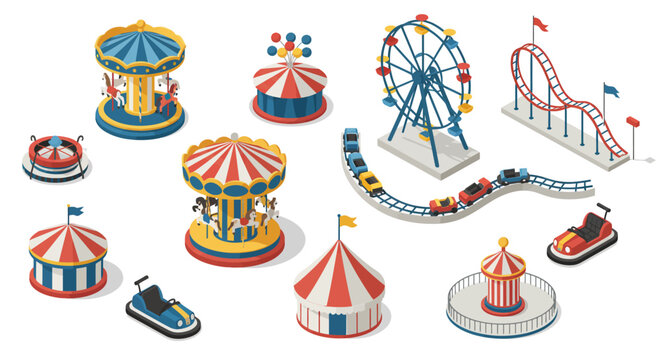 Colorful amusement park rides in isometric style: ferris wheel, carousel, and&hellip;