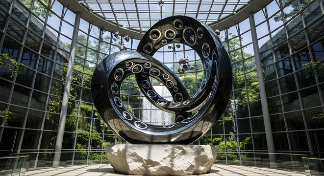 A large, dark, abstract metal sculpture with intricate circular patterns on a stone base in a modern glass atrium with lush greenery. - Powered by Adobe
