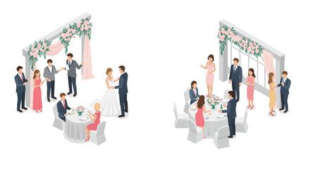 Elegant isometric wedding reception scenes with guests and floral decorations