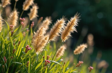 Fototapeta premium Feathery golden ornamental grass seed heads, small pink flowers grow among green leaves. Sunlight softly illuminates plants, creating warm glow. Nature background shows late summer autumn day scene,