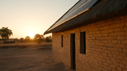 Rural home with solar panels against sunset, demonstrating sustainable energy and simple living in a serene, natural landscape. Eco-friendly future.