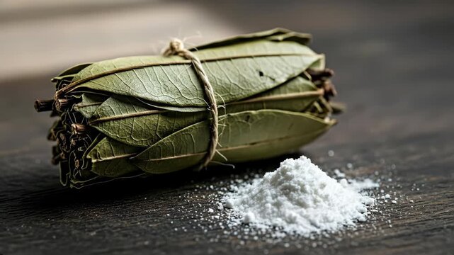 Dried green leaves bundle tied with twine and white powder on wooden surface for herbal medicine or spice.