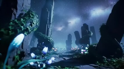 Mystical night scene with glowing plants and stone pillars - Powered by Adobe