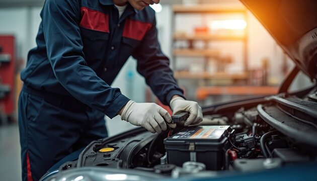 Mechanic changes car battery in workshop. Male worker in uniform replacing auto engine part with gloves. Pro repairman at work. Service maintenance of automobile in garage.