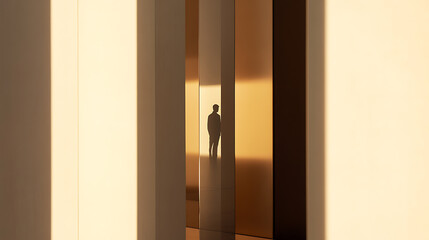 Figure in corridor: A solitary figure stands silhouetted between columns of light, creating a sense of mystery and contemplation.