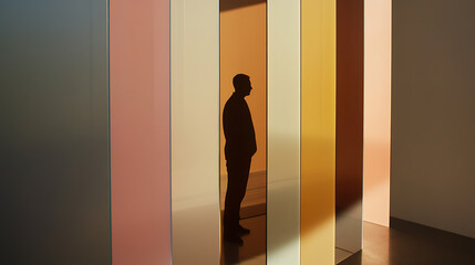 Silhouette between colorful panels. Dark figure between strips of color. Mystery, art, design, color, modern, creative, contrast, shadow.