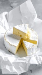 Wheel of creamy, soft cheese, partially sliced, on white paper