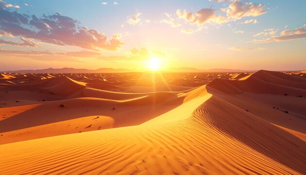 Vast desert dunes glowing under golden sunset, endless horizon evoking grand adventure DESIGN.