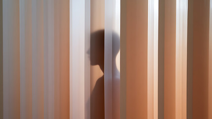 Obscured Profile: Shadowy figure silhouetted behind textured partitions creates a sense of intrigue and hidden identity in a muted color palette.