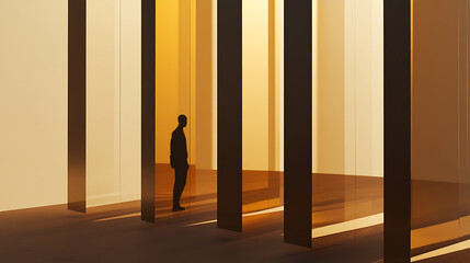 Silhouette in golden light: A solitary figure stands amidst vertical elements, bathed in warm, abstract light and shadow. A moment of contemplation.