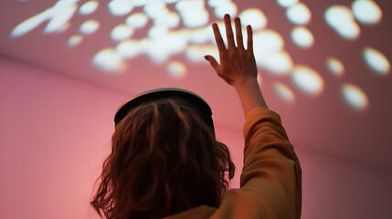 Immersive experience with light projections, a person wearing headphones reaches up to touch the colorful, bright patterns. Interactive and engaging.