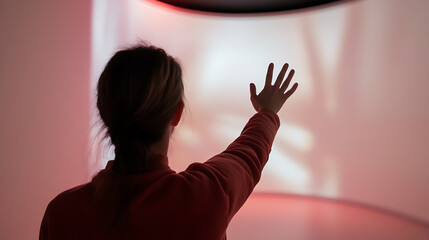 Woman's Silhouette in Interactive Art Space: A red-toned light installation with a female figure touching a wall, exploring art and technology interface.