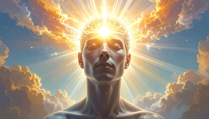 A serene human figure with closed eyes is bathed in golden light emanating from the brain, set against a sky
