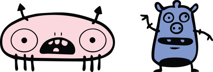 Obraz premium Cute Cartoon Alien and Monster Vector Doodles: Funny Creature Design Elements