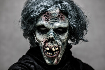 Portrait of a scary zombie with gray hair