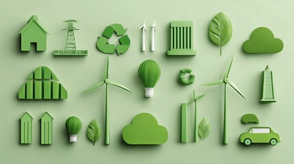 Visualize a vibrant sustainable future with modern green energy and eco-friendly lifestyle 3D icons, perfect for inspiring environmental awareness and innovation.