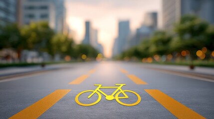 Bicycle lane symbol marked on gray asphalt street with parallel yellow lines