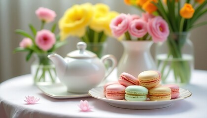Elegant afternoon tea with flowers, tea, and colorful macarons beside a bright window in a cozy setting