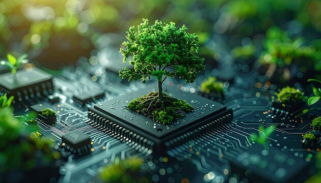 A vibrant green tree grows from a computer chip, surrounded by moss and sprouts, set on a circuit board, a fusion of nature and technology