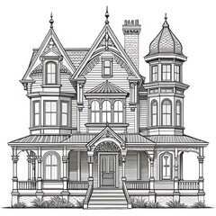 Victorian style house line art detailed architectural on a white background. PNG. AI GENERATE