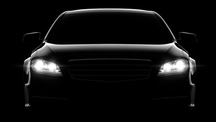 Front view of a sleek, dark-colored sedan with bright headlights illuminating a black background