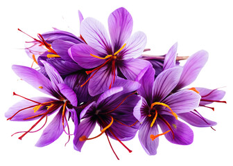 Vibrant purple saffron flowers with orange stigmas isolated on a transparent background
