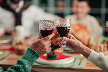 Family toasting with red wine at christmas dinner