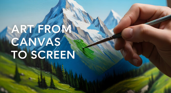 A close-up shot of a hand painting a vibrant mountain landscape with green trees and snow-capped peaks on a canvas.