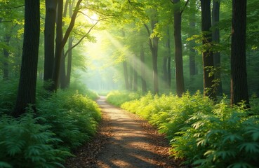 Bright sunlight streams through rich green forest canopy. Winding dirt path leads through tall trees, vibrant undergrowth. Natural wood scene feels peaceful, fresh, like spring morning walk in park.
