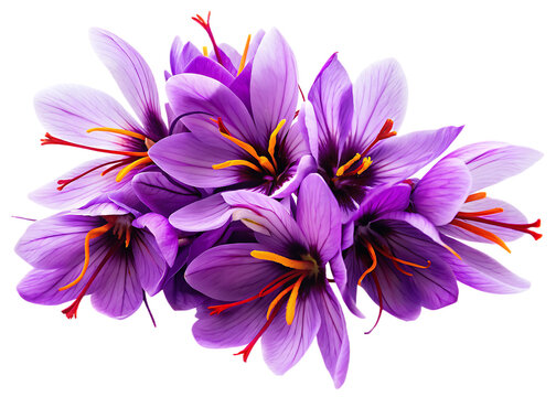 Vibrant purple saffron flowers with orange stigmas isolated on a transparent background 
