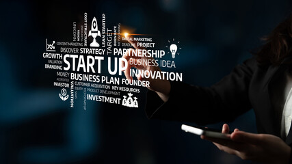 A businessperson interacting with visual representations of start-up concepts showcasing innovation and investment ideas for aspiring entrepreneurs and corporate strategists. Tessel
