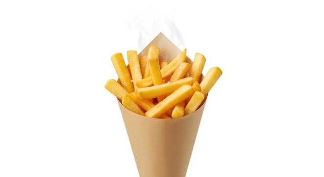 A tall paper cone filled with thick-cut, golden-brown french fries, lightly salted and steaming slightly, placed at the bottom center of the frame. A few fries spill out naturally near the base.