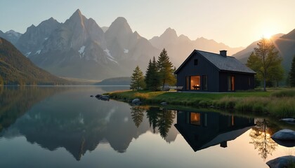 Fototapeta premium Modern black house by tranquil lake reflects in water at sunset. Majestic mountains rise in background, framed by evergreen trees. Golden light creates warm, peaceful scene. Ideal for luxury travel,