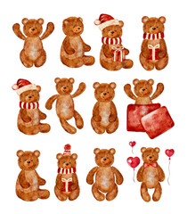 Watercolor cute brown teddy bears set in various poses isolated on a white background in vector.
