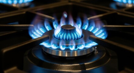 Blue flame on a gas stove burner. Close up of natural gas burning for cooking. Energy and cooking appliance concept.