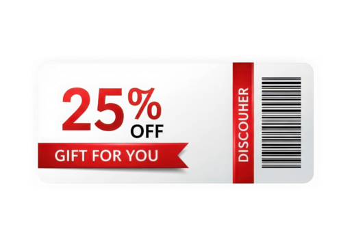 Discount coupon with 25 percent off isolated on transparent background