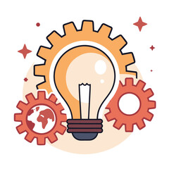 Light bulb surrounded by gears and globe in flat design style  