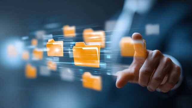 Empowered professional streamlines digital file management and secure cloud data transfer with an intuitive touch, enhancing modern information organization and accessibility.