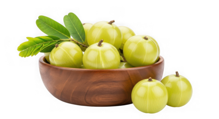 Amla fruits in a wooden bowl isolated on transparent background, healthy food