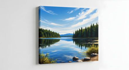 A serene landscape painting featuring a calm lake reflecting a bright blue sky with wispy clouds, surrounded by lush green evergreen trees.