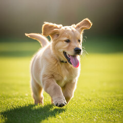 Happy Golden Retriever Puppy Running on Grass