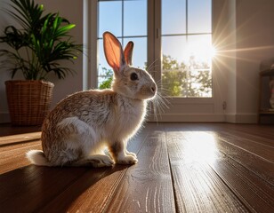 Cute Domestic Rabbit Bathed in Golden Sunlight Indoors
