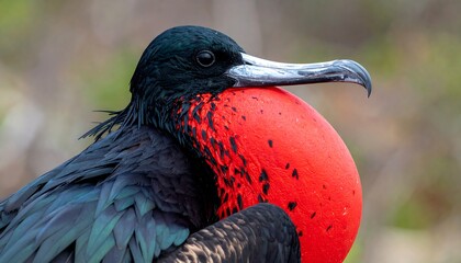 Close-up shot of a magnificent frigatebird, showcasing its vibrant red gular pouch and intricate feather details