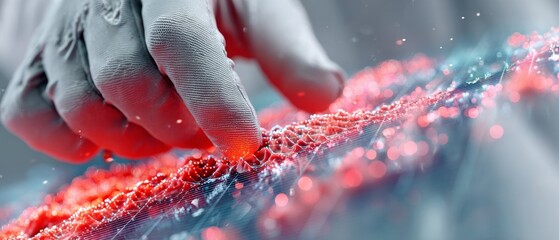 Close-up of a gloved hand touching a glowing holographic surface with interactive digital particles in a futuristic interface concept