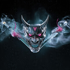 Cyberpunk Oni Mask with Katanas