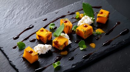 Colorful Presentation of Modern Cuisine with Pumpkin, Cream, and Herb Garnish on Slate Plate