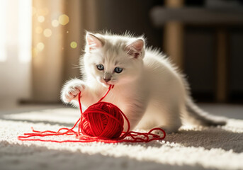 Cute White Kitten Playing with Red Yarn