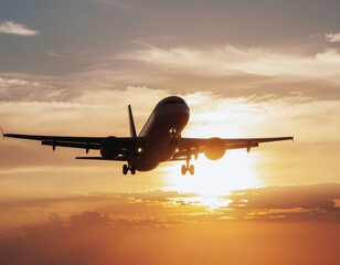 Passenger Jet Landing at Sunset