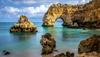 Fototapeta premium Coastal scene showing rock formations, a natural arch, and turquoise waters under a partly cloudy sky. Distant structures visible