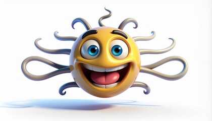 A funny 3D cartoon emoji character with a huge happy smile and curly tentacles. A cute and energetic yellow mascot for positive emotions.